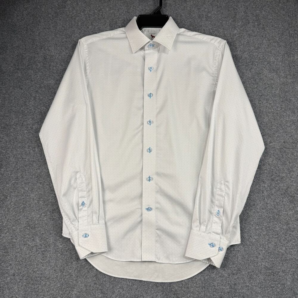 Lorenzo Uomo Mens 15.5 34/35 Trim Fit Stretch Dress Shirt White Blue Dot Cotton